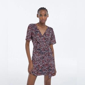 THE KOOPLES Black and Red Floral Wrap Mini Dress
